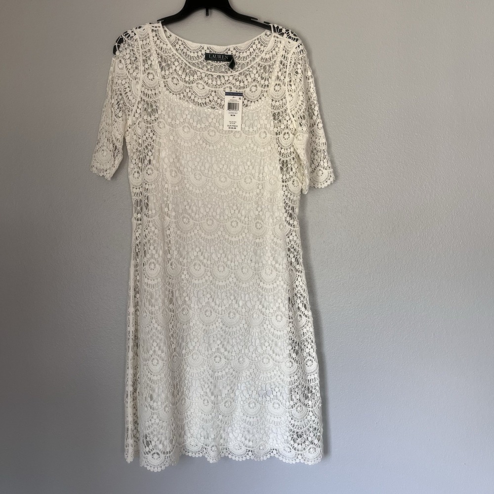Ralph Lauren Dress Women Ivory White‎ Macrame 3/4 Sleeve  Medium Knee Length